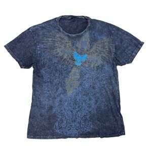 Vintage Y2K MMA T-Shirt‎ Mens Size L Skull Cross Wings Graphic Blue AOP